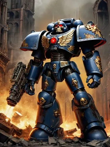 Warhammer 40k, Space Marines, Dreadnought, mech suit, imposing, powerful, mechanical legs, bulky torso, ornate armor, golden trim, red lenses, skull-like helmet, iconic wings on shoulder pads, battle-