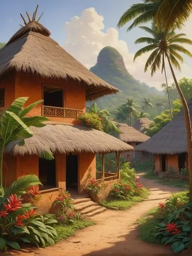 polynesian,tropical house,polynesia,tahiti,polynesians,tropical island,hawai,bungalows,moorea,huts,coconut trees,luau,tropics,menehune,palmtrees,tropical beach,kanaloa,tanoa,polyneices,idyllic,Art,Classical Oil Painting,Classical Oil Painting 15