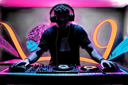 Music notes, DJ booth, headphones, studio equipment, sound waves, vinyl records, microphone, music sheets, colorful lights, neon glow, futuristic interior, solo artist, creative pose, dynamic composit