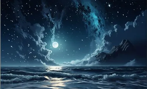 ocean background,sea night,deep ocean,the endless sea,ocean,dark beach,ocean waves,blue sea,seascape,tidal wave,the sea,fathom,moon and star background,sea storm,blue moon,fantasy picture,deep sea,sea landscape,stormy sea,the night sky,Conceptual Art,Fantasy,Fantasy 02