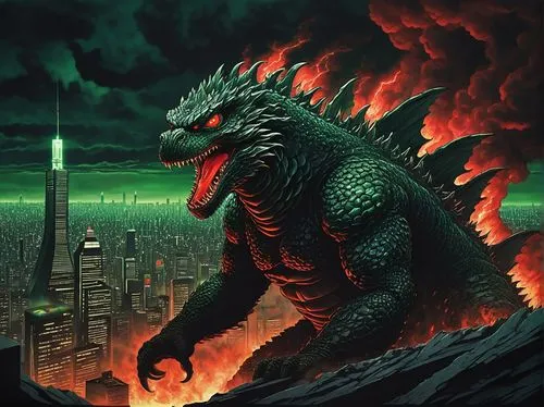 zilla,godzilla,kaijuka,kaiju,gojira,spacegodzilla,dragon of earth,gamera,anguirus,glaurung,upazilla,infernus,beheira,deodato,kadath,apocalypse,sauron,morgul,mechagodzilla,tartarus,Illustration,Japanese style,Japanese Style 15