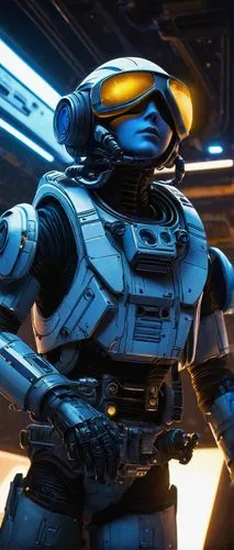 Wall E, EVE online spaceship pilot, futuristic, sci-fi, solo, helmet, blue and white spacesuit, oxygen tank, jetpack, intricate mechanical details, metallic texture, neon lights, wires, circuits, comp