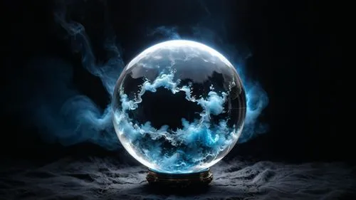 a crystal ball with blue smoke inside,arkenstone,crystal egg,orb,crystal ball,crystal ball-photography,crystalball