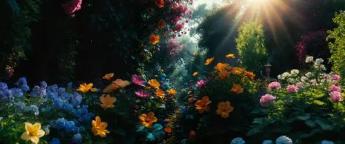 цветущий сад,the sun is shining brightly through a forest full of flowers,giverny,blanket of flowers,flower garden,splendor of flowers,sea of flowers,bloomeries