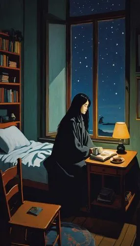 satrapi,crewdson,farrokhzad,hikikomori,night scene,girl studying,Art,Artistic Painting,Artistic Painting 09