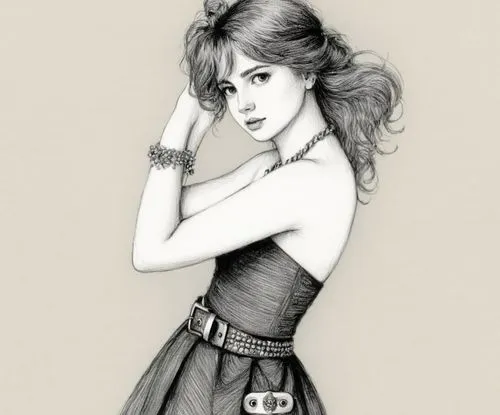 女生，黑白，素描，手链，项链，裙子，腰带,a pencil drawing of a woman in a dress,lindsey stirling,retro pin up girl,vintage girl,pin-up girl,pin up girl,vintage drawing,Illustration,Black and White,Black and White 13