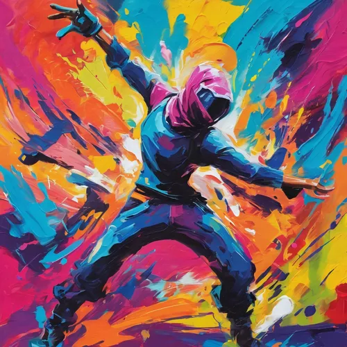 Illustrate a funny Fortnite dance move as a profile picture.,the festival of colors,ninja,holi,magenta,dance with canvases,colorful background,color,dab,painting technique,would a background,artistic 