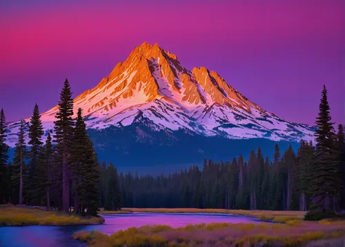 Write a poetic description of Mt. Mazama at sunrise, its majestic peak painted in hues of pink and gold.,purple landscape,mount hood,mt hood,mount rainier,mountain landscape,mountain sunrise,beautiful