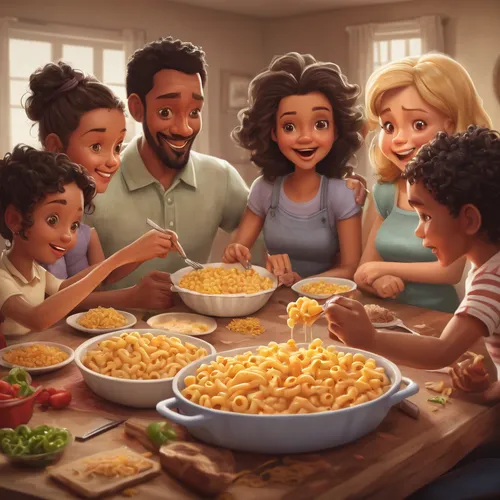 diverse family,herring family,rotini,macaroni,family dinner,arrowroot family,kids illustration,pasta,cg artwork,cooks,legume family,cartoon chips,families,laurel family,international family day,african american kids,cartoon people,food and cooking,mostaccioli,penne,Conceptual Art,Fantasy,Fantasy 01