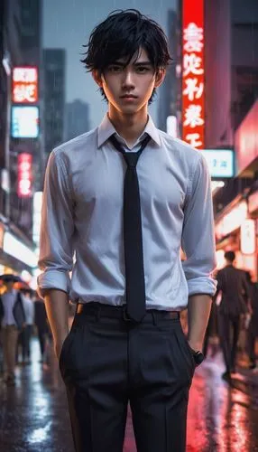 anime boy, young adult, blushing face, bright red cheeks, messy black hair, sharp eyes, slender eyebrows, subtle smile, white shirt, open collar, grey tie, black trousers, black shoes, standing, city 