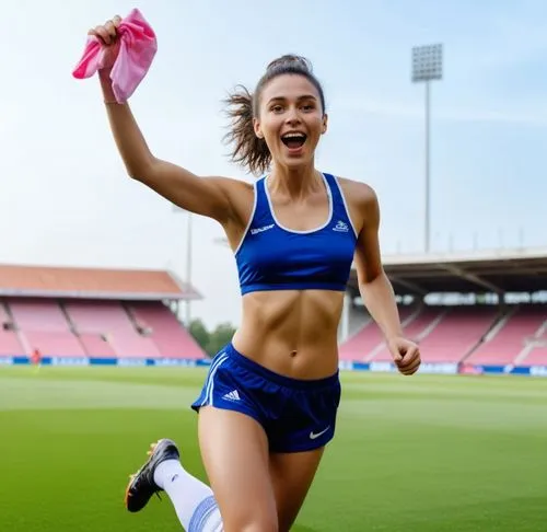 Same person wearing bra  soccer socks, soccer shorts, cleats to matchday. She celebrates a goal by running down the field holding her  jersey in her hand while wearing a bra,a girl in a sports  and sh