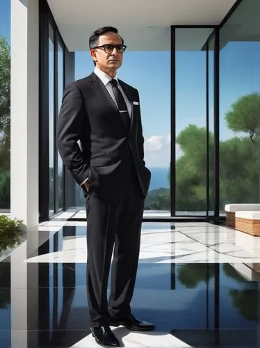 Middle-aged chief architect, bespectacled, short black hair, white shirt, black tie, formal black suit, standing, hands behind back, confident posture, in front of a luxurious modern villa, large glas