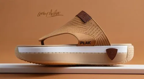 Open toe thong slide sock material ribbed collar slide, camel brown with white trim inset with  brown PEAK stitched logo, embossed shield with brown cut triangle logo on sole, white sole with camel br