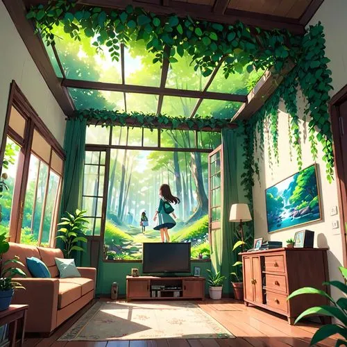 studio ghibli,dandelion hall,the little girl's room,japanese-style room,kids room,green living,playing room,livingroom,boy's room picture,children's room,modern room,classroom,children's bedroom,tropical house,living room,sky apartment,great room,study room,indoor,tree house,Anime,Anime,Traditional