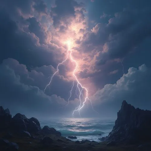 lightning storm,lightning,sea storm,storms,lightning bolt,thunderclouds,lightning strike,thunderstorms,orage,storm,tormenta,thundershowers,storm clouds,thundering,nature's wrath,thunderstruck,tempestuous,storming,thunderous,thunderheads,Illustration,Realistic Fantasy,Realistic Fantasy 01