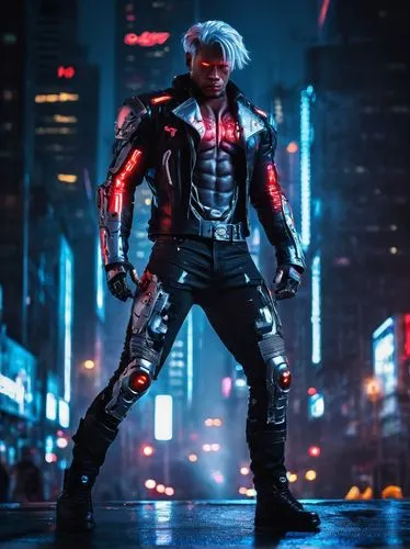 Cyborg, Craiyon, muscular man, robotic limbs, neon blue circuits, silver hair, glowing red eyes, black leather jacket, ripped denim jeans, heavy combat boots, standing, cityscape, skyscraper, night, d