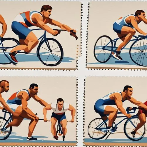 Stamp postale A hand-drawn artistic design depicting a runner, swimmer, basketball player, bicycle racer, and weightlifter might include dynamic and lively scenes showcasing the strength and motion of