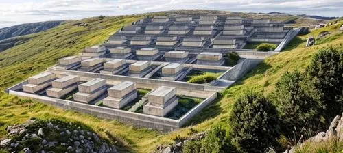 Small stone-cladded architectural masses surrounded by stone-cladded boundary walls on a rural steep slope mountain with few trees with upper blue sky,megalith facility harhoog,säntis,cube stilt house