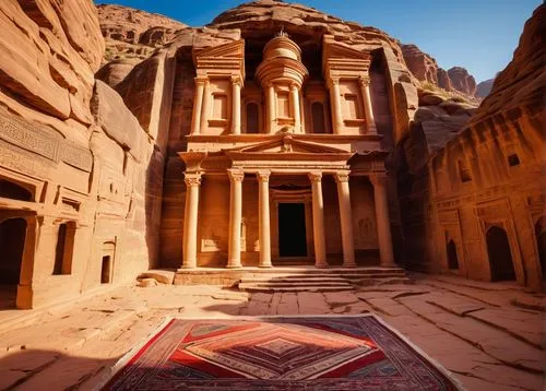 Ancient Petra, Jordanian architecture, intricate stone carvings, arches, columns, vibrant blue dome, golden minaret, warm beige stonewalls, ornate windows, Arabic calligraphy, intricately patterned ru