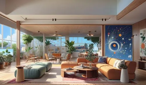 a large living room with a lot of windows,sunroom,mid century modern,breakfast room,penthouses,livingroom,living room,sky apartment,apartment lounge,hotel lobby,modern decor,interior modern design,mid