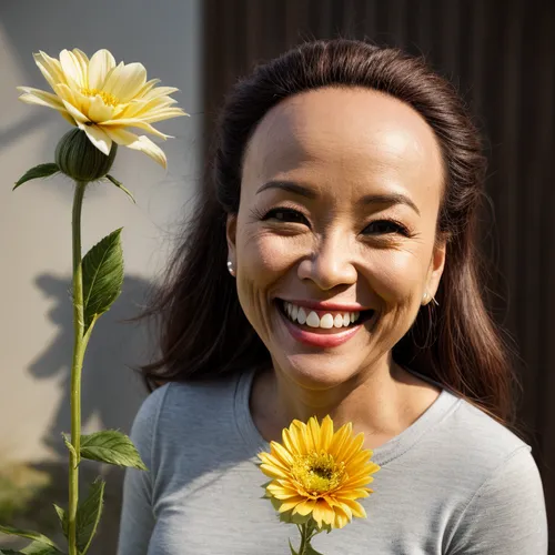 put a bigger smile and large forehead, be more younger, more fat. 
the face should be embedded into the flower, delete the nose,hon khoi,mari makinami,sunflower lace background,yellow daisies,sun flow