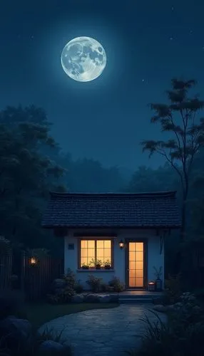 moonlit night,moonlighters,lonely house,moonlight,blue moon,full moon,Illustration,Vector,Vector 03