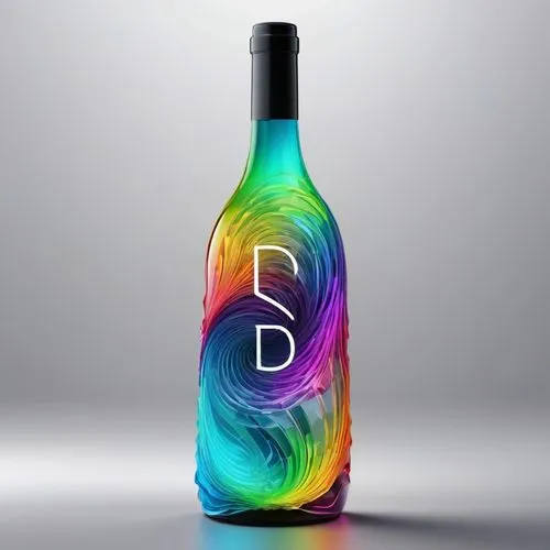 mixing spectral texture with generative shapes covered all the body of bottle , inspired by modern style, write S&D letters with creative fonts , adding asymmetry spiral motives ,drift bottle,bottle s