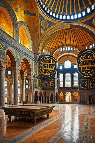 Byzantine architecture, Hagia Sophia, Istanbul, Turkey, grand dome, intricate mosaics, golden ornaments, ornate columns, arches, vaulted ceiling, stunning interior, soft natural light, warm ambient at