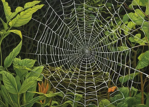 Create a mysterious painting featuring a spider net as the central element.,tangle-web spider,spider silk,spider's web,spider web,cobweb,spiderweb,funnel web spider,acorn leaf orb web spider,morning d