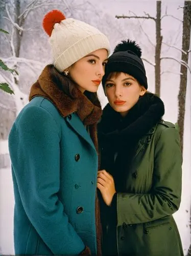 A high resolution portrait of her with boy friend,two women standing in the snow one wearing a hat and another wearing a green coat,julier,zhivago,snow scene,fonteyn,jenners,cardinale,Photography,Fash