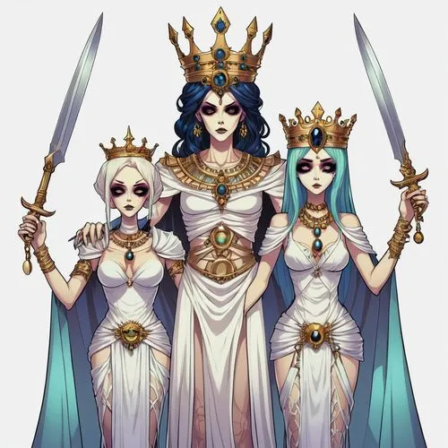 2d front sprite of a gothic colored spooky evil anime mummy goddess king and queen monster, transparent background,three princesses dressed up with crowns and holding swords,priestesses,matriarchs,emp