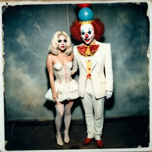 lady gaga with a clown,a couple dressed as clowns in a dirty room,sopor,clowns,rhps,antwoord,klowns,jesters,Photography,Documentary Photography,Documentary Photography 03