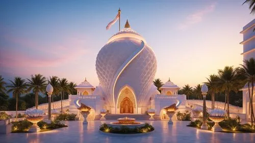 Conch shaped Hindu Temple design, Palatial, ornamental,the huge building has a giant dome in front of it,dhammakaya pagoda,mandap,white temple,asian architecture,thai temple,buddhist temple complex th