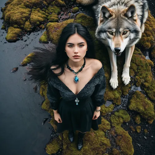 shot in the style of sksfer, photo of full body shot a young 18yo woman in alaska, beautiful black hair, with a wolf necklace with a gem in it, extreme detail and texture, professional photography,,tw