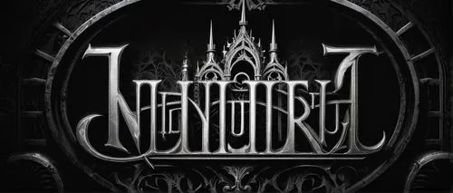 Industrial black metal logo, intricate design, bold font, 3D effect, metallic texture, silver outline, gothic architecture inspiration, mysterious atmosphere, dark background, subtle smoke effect, hig