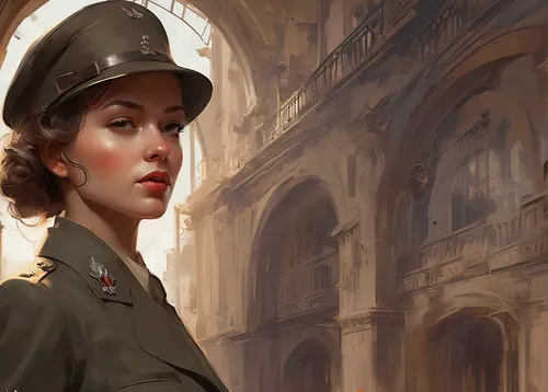 warsaw uprising,peaked cap,beret,girl wearing hat,world digital painting,red army rifleman,forties,world war ii,policewoman,brown hat,packard patrician,inspector,wartime,digital painting,stalingrad,the hat of the woman,brown cap,the hat-female,woman's hat,telephone operator,Conceptual Art,Fantasy,Fantasy 01