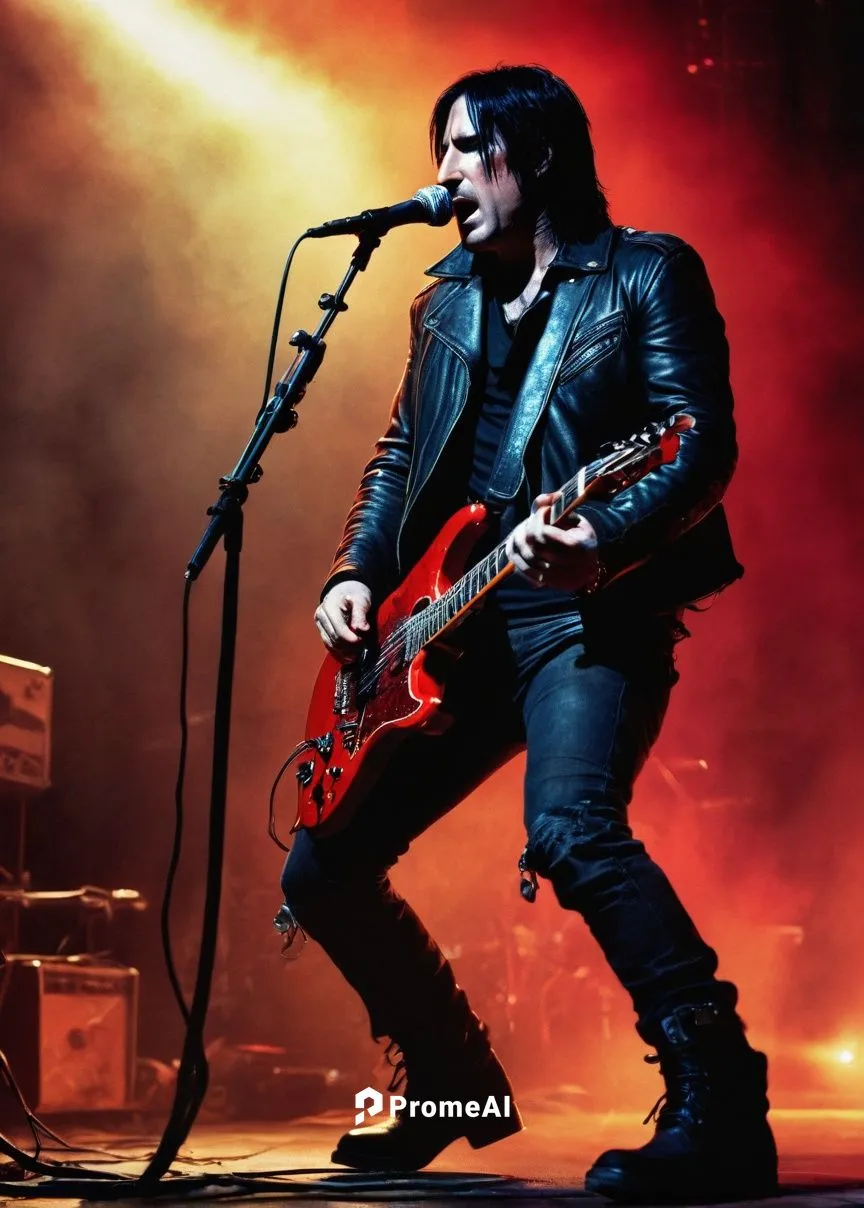 Nine Inch Nails, The Great Below song, dark background, spotlight on singer, Trent Reznor, intense facial expression, bold eyebrows, black hair, tattoos, leather jacket, ripped jeans, boots, mic stand