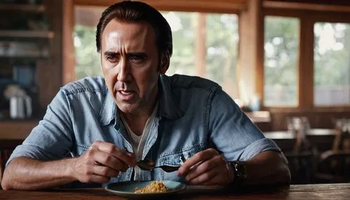 Nicolas Cage, holding spoon, close-up facial expression, detailed wrinkles, piercing brown eyes, grayish-brown hair, casual wear, plain white shirt, dark blue jeans, sitting, wooden table, dimly lit, 