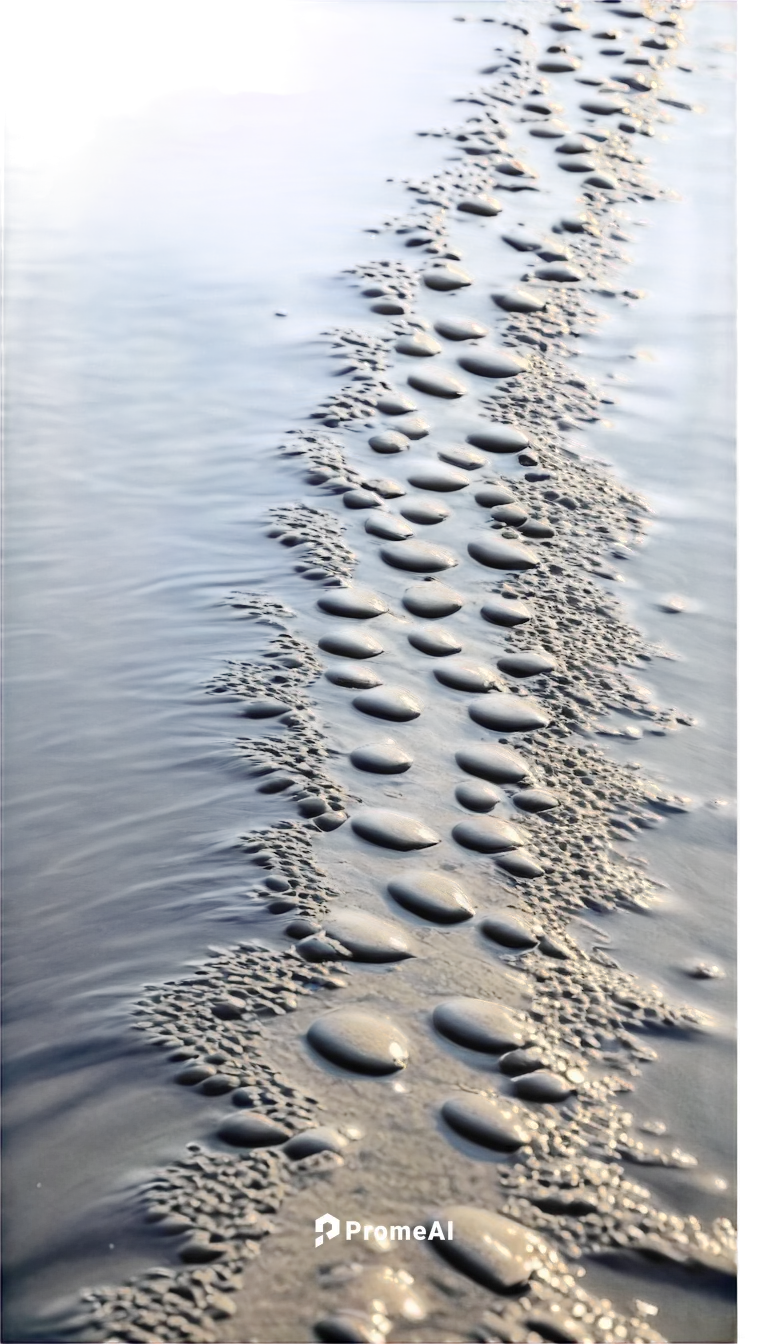 Footsteps, wet ground, morning dew, subtle shadows, close-up shot, low-angle view, shallow depth of field, natural light, realistic texture, detailed footprints, slight water reflection, gentle ripple