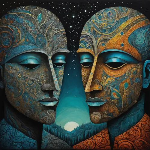 somtum,sun and moon,african art,celestial bodies,binary system,harmonious,global oneness,two people,indian art,polarity,african masks,psychedelic art,gemini,mirror of souls,blue moon,sacred art,travelers,consciousness,oil painting on canvas,amorous,Illustration,Abstract Fantasy,Abstract Fantasy 19