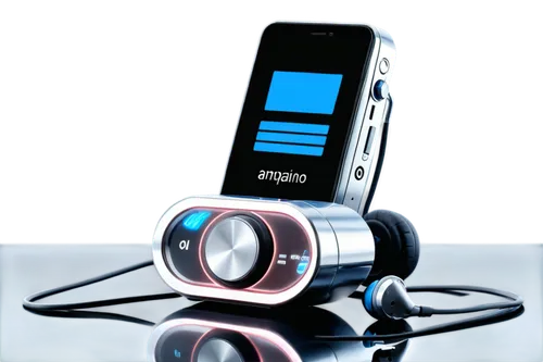 Amapiano MP3, music player, electronic device, sleek design, silver body, glowing blue screen, earbuds plugged in, metallic texture, modern minimalist background, shallow depth of field, softbox light