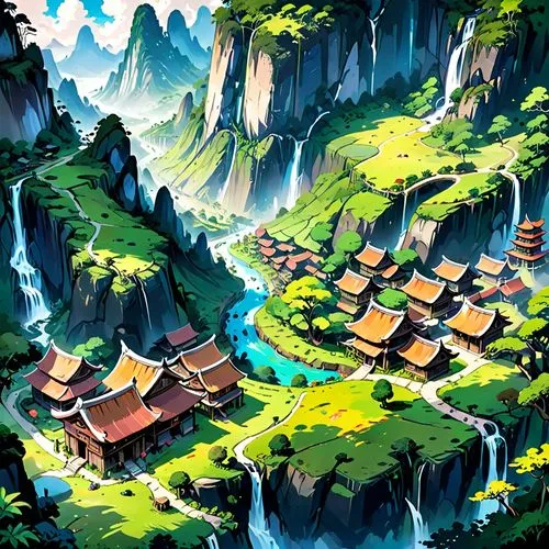 mountain village,tianxia,jinchuan,rice terrace,mountain settlement,fairy village,Anime,Anime,Traditional