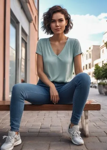 woman sitting,girl sitting,girl in t-shirt,jeans background,women clothes,portrait background,female model,sitting on a chair,sitting,aoc,hande,women's clothing,elitsa,arms crossed,ocasio,kubra,girl with cereal bowl,dominczyk,women fashion,menswear for women,Photography,General,Realistic