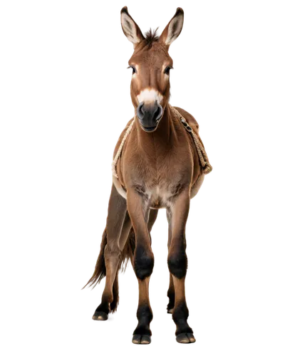 Brown donkey, standing, solo, detailed fur texture, big eyes, long ears, strong legs, hooves, rustic rope halter, natural lighting, warm color tone, shallow depth of field, 3/4 composition.,this is an