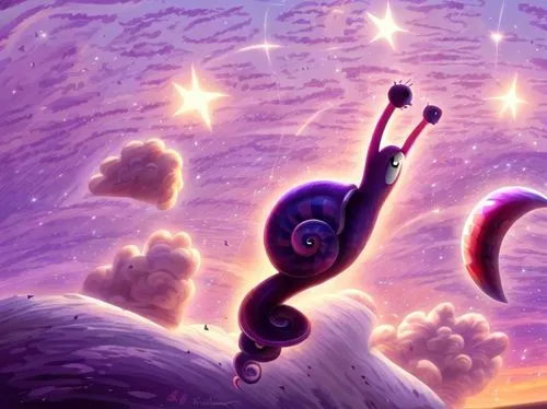 A snail is jumping into the night sky. The tail of the snail has a clean helicoidal shape. The snail is in the Sky, very far away from the ground. The stars are bright Orange. The Sky is deep purple a