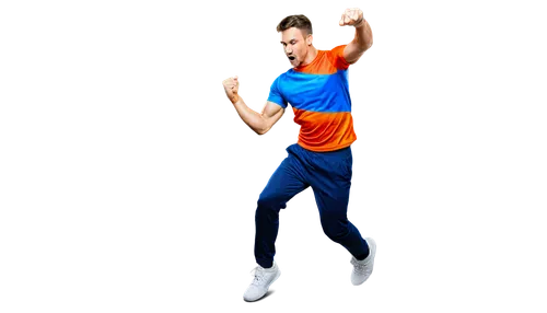 Muscular man, sporty, athletic wear, vibrant colorful jersey, sweatpants, sneakers, dynamic pose, jumping, throwing, kicking, intense facial expression, shiny sweaty skin, soft focus background, high 