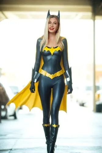 Batgirl
  ,a woman dressed in black and yellow on a street,batgirl,batallion,batwoman,battaini,batsuit,catwoman