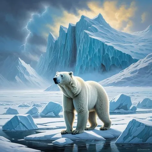 Arctic catundra, vast frozen tundra landscape, snow-covered rolling hills, scattered ice rocks, frosty misty atmosphere, aurora borealis in the night sky, solitary polar bear, walking slowly, fur fluf