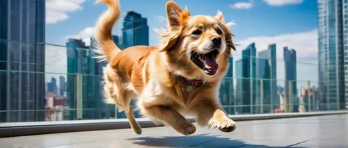 Modern architectural design, futuristic skyscraper, sleek lines, glass facade, metallic structure, rooftop garden, cityscape background, sunny day, blue sky with few clouds, a happy small dog, golden 