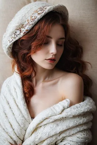 blanketed,redhead doll,anchoress,vintage woman,white fur hat,cocooning,Photography,Documentary Photography,Documentary Photography 30